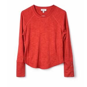 Evereve Red Slub Knit Long Sleeve Top | XS | Snap Cuff Detail Casual Tee